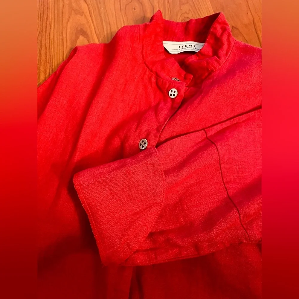 Itemz Chris Baumgartner 100% Linen Top Lagenlook Red Crop Dolman Slv USA OS FLAW - Picture 14 of 16